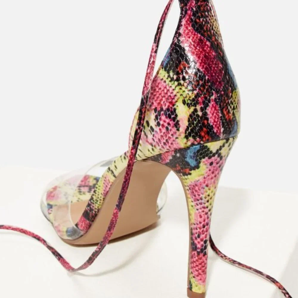 JUSTFAB Jayci Faux Python Snakeskin  Heeled Sandal w/ Ankle strap tie size 5.5